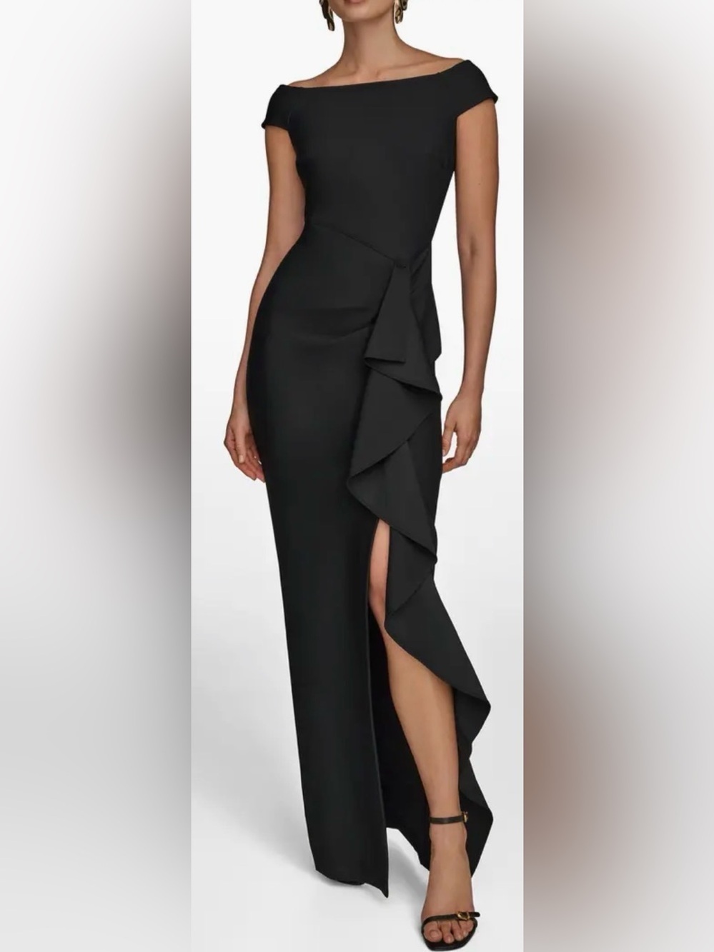 NEW Donna Karan New York Side Ruffle Off the Shoulder Black Gown sz 6